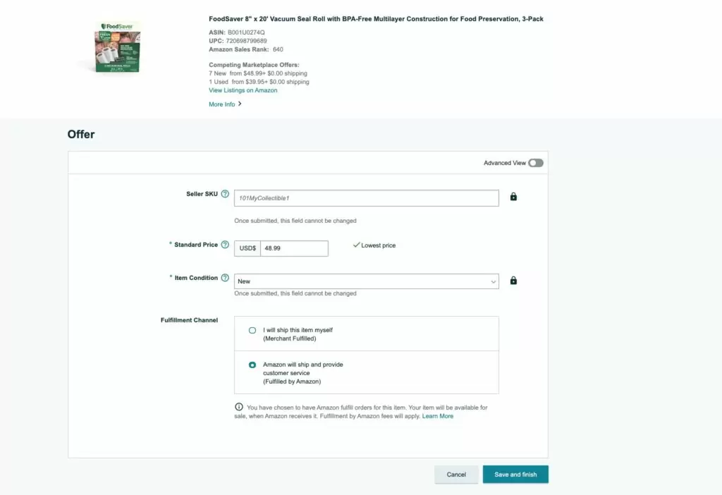 указываем информацию о товаре на Amazon